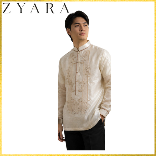 Premium Mens Barong Pinya Organza Embroided design with piping Chinese collar
