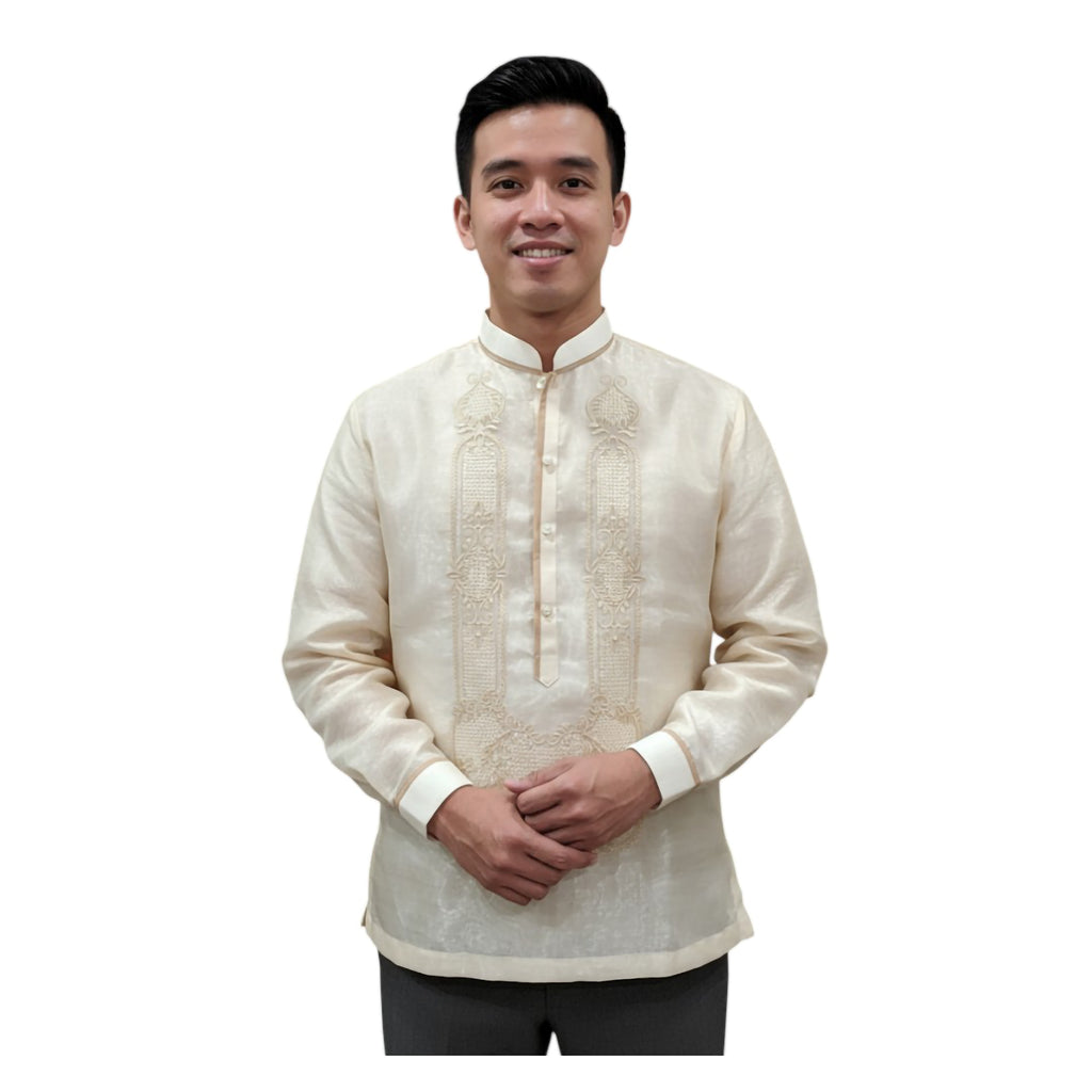 Premium Mens Barong Pinya Organza Embroided design with piping Chinese collar