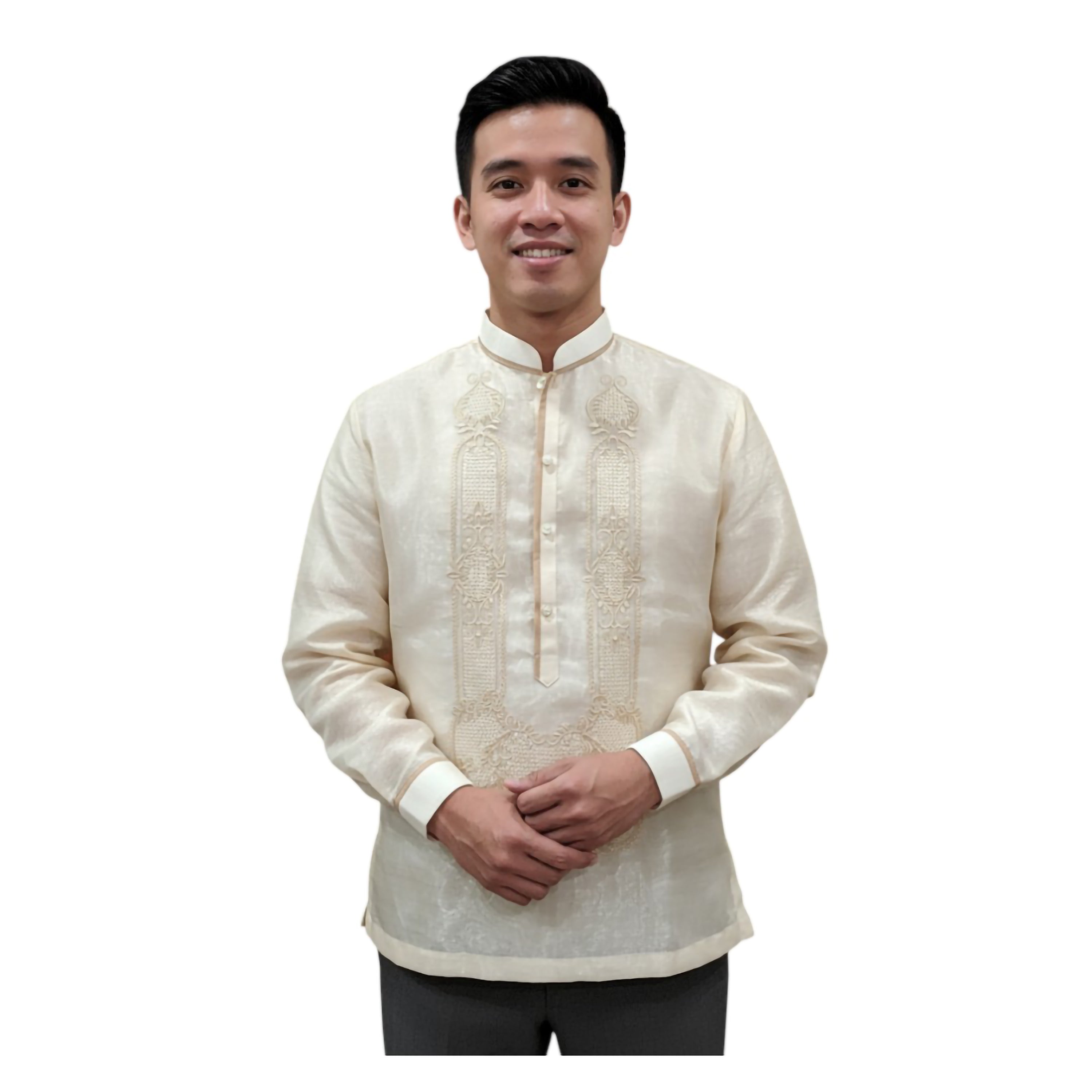 Premium Mens Barong Pinya Organza Embroided design with piping Chinese collar