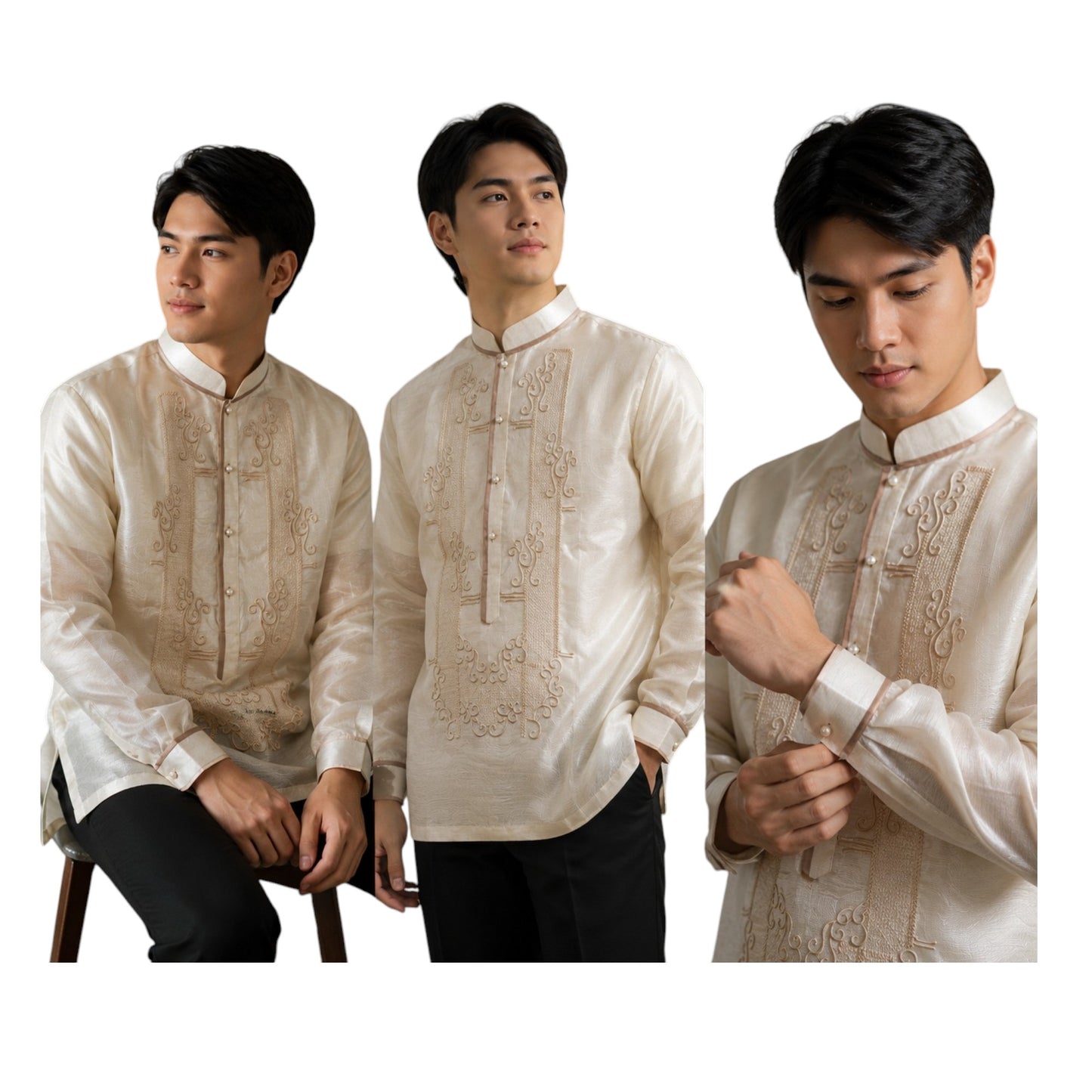 Premium Mens Barong Pinya Organza Embroided design with piping Chinese collar
