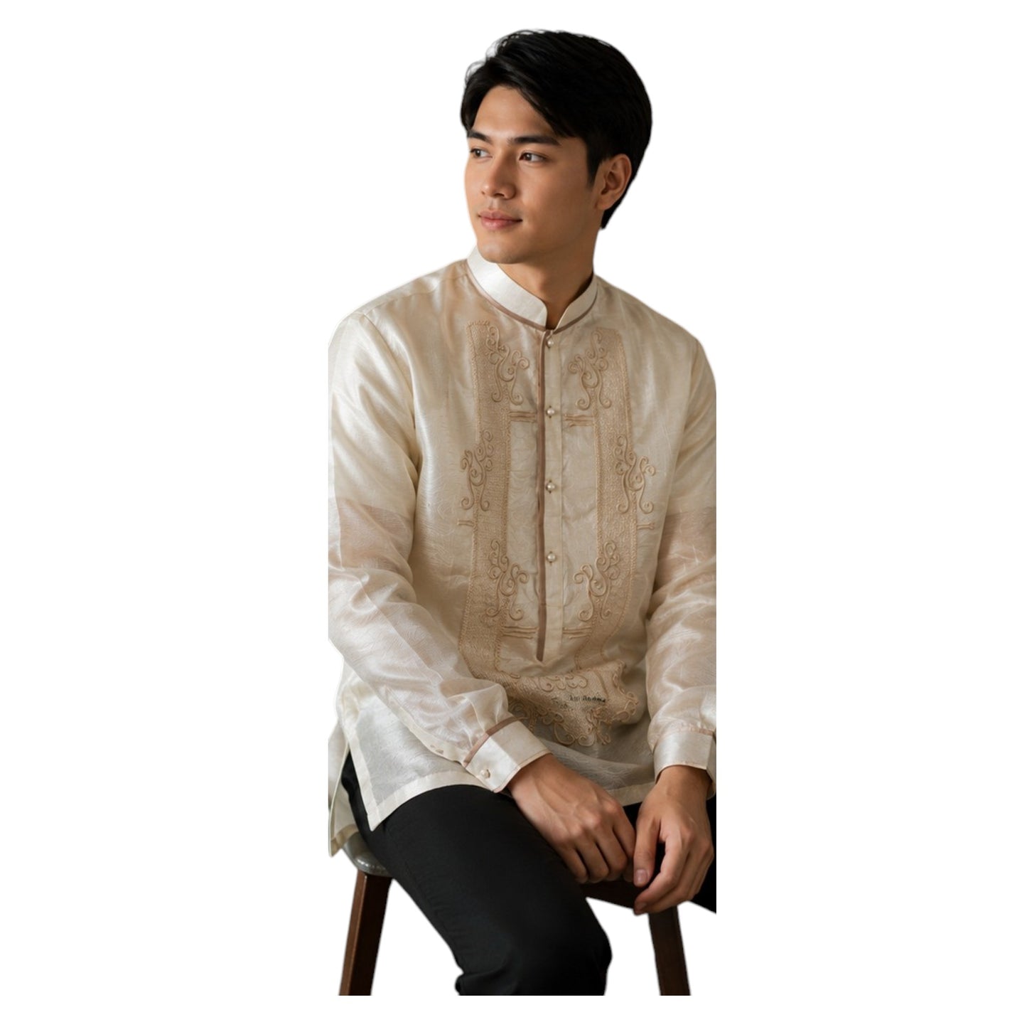 Premium Mens Barong Pinya Organza Embroided design with piping Chinese collar