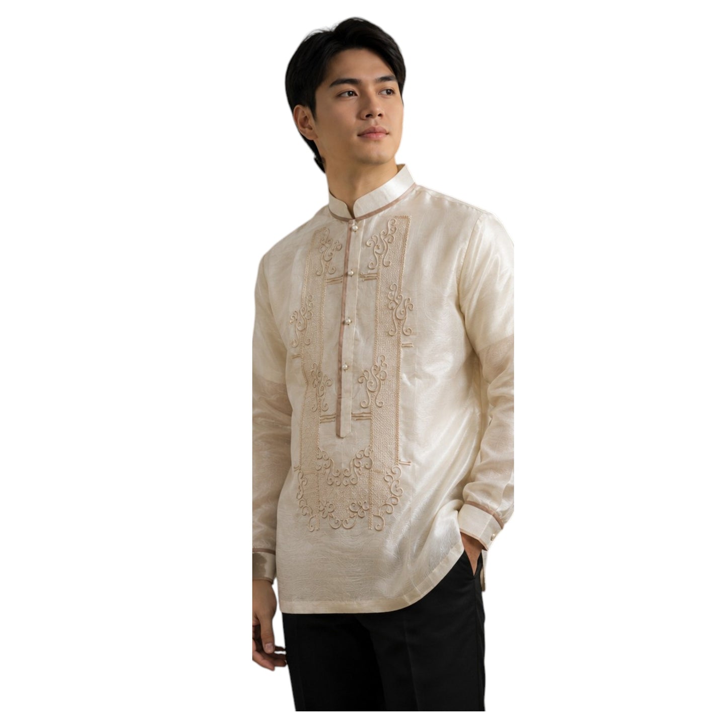 Premium Mens Barong Pinya Organza Embroided design with piping Chinese collar