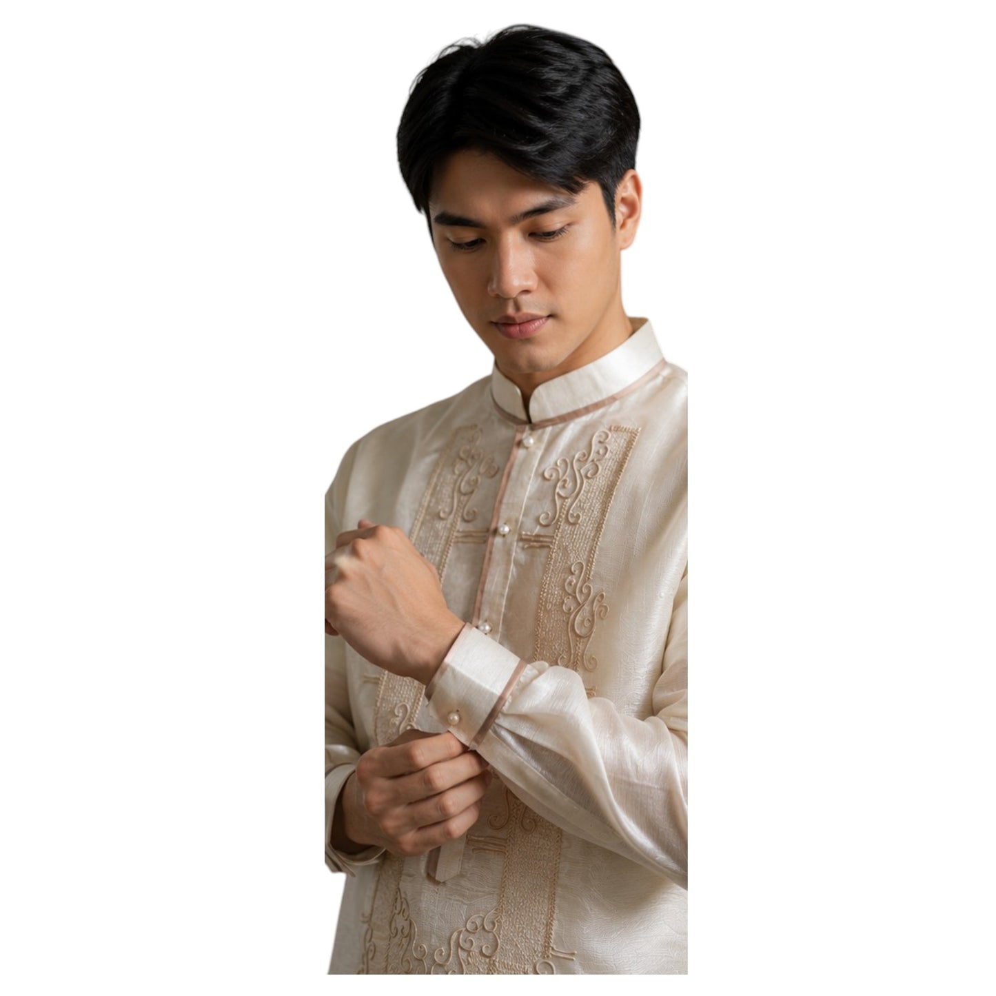 Premium Mens Barong Pinya Organza Embroided design with piping Chinese collar