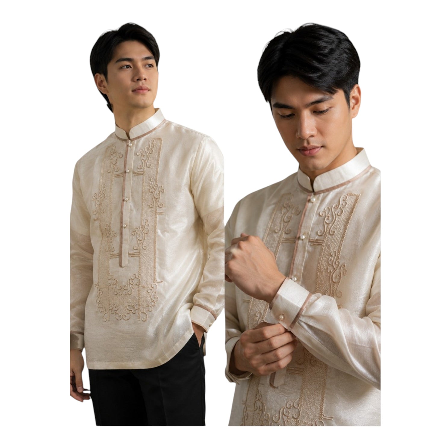Premium Mens Barong Pinya Organza Embroided design with piping Chinese collar