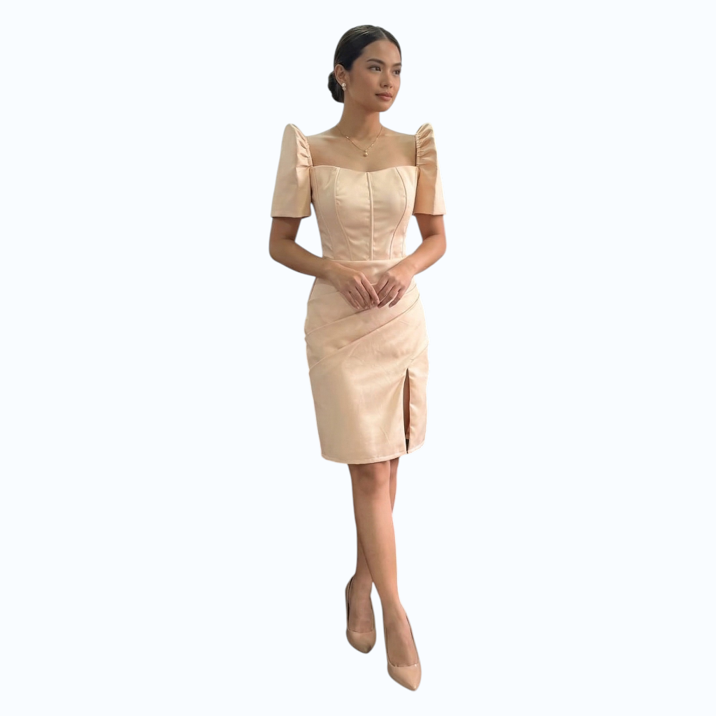 Modern Filipiniana Detachable sleeve midi dress Stickbone design simple and elegant fashionable