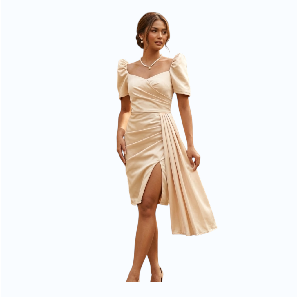 Modern Filipiniana Pencil Midi dress pencil Beige