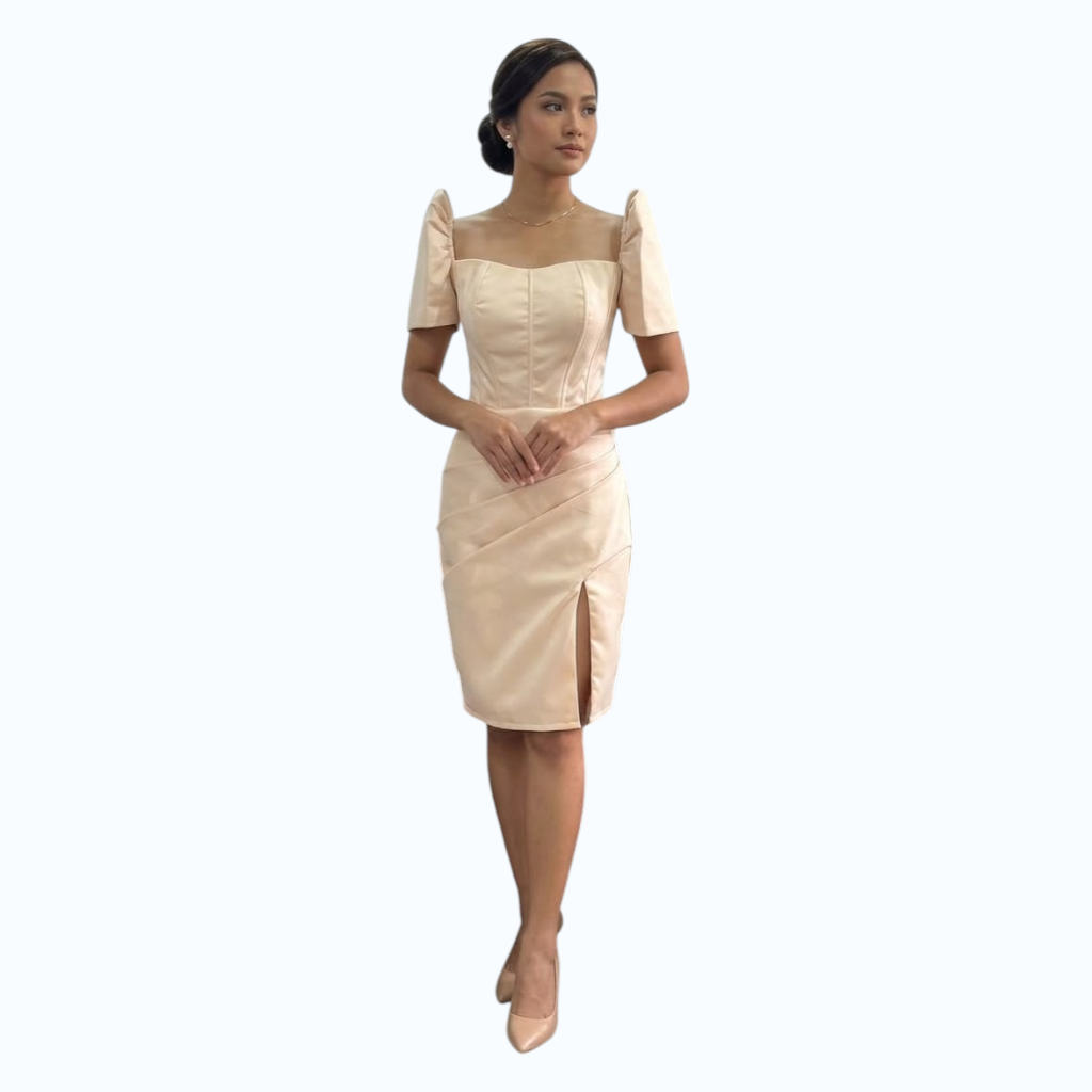 Modern Filipiniana Detachable sleeve midi dress Stickbone design simple and elegant fashionable