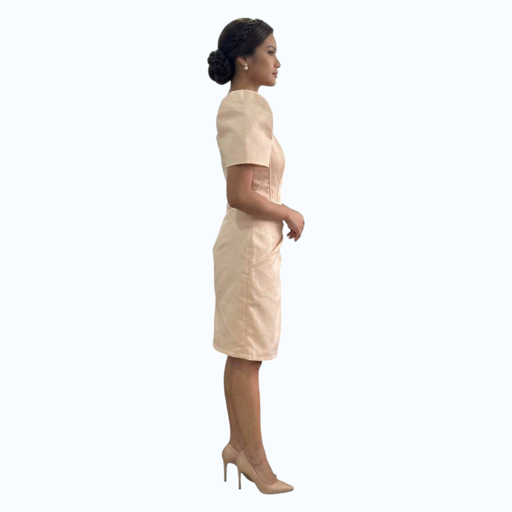 Modern Filipiniana Detachable sleeve midi dress Stickbone design simple and elegant fashionable