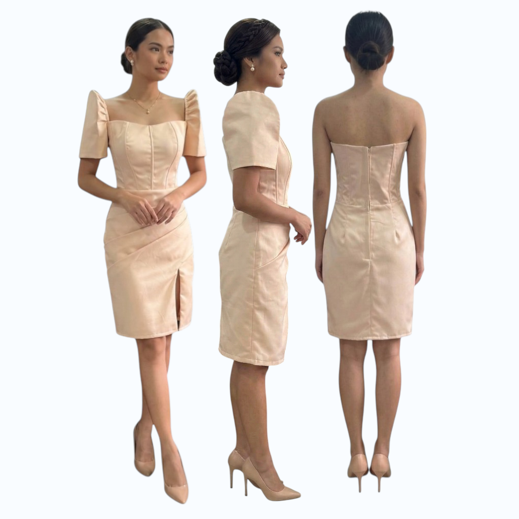 Modern Filipiniana Detachable sleeve midi dress Stickbone design simple and elegant fashionable