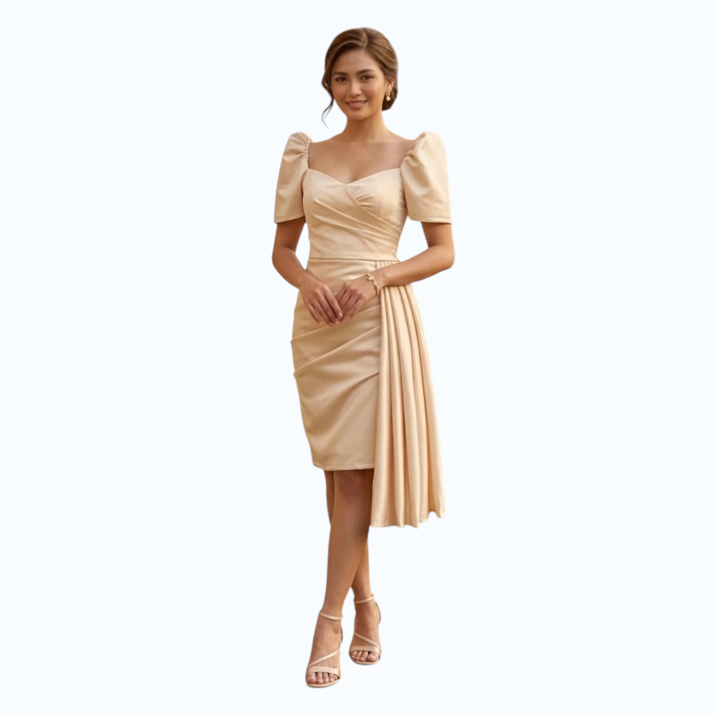 Modern Filipiniana Pencil Midi dress pencil Beige