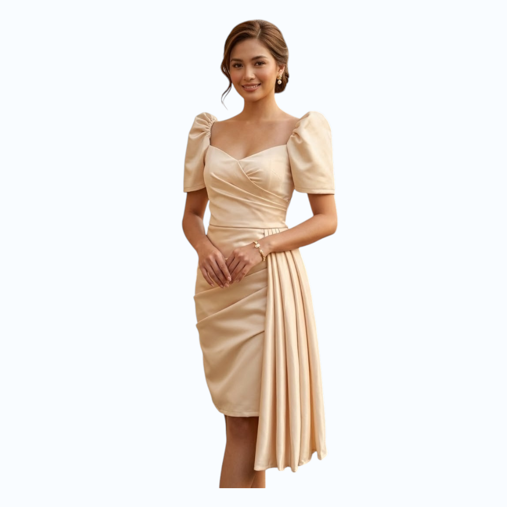 Modern Filipiniana Pencil Midi dress pencil Beige